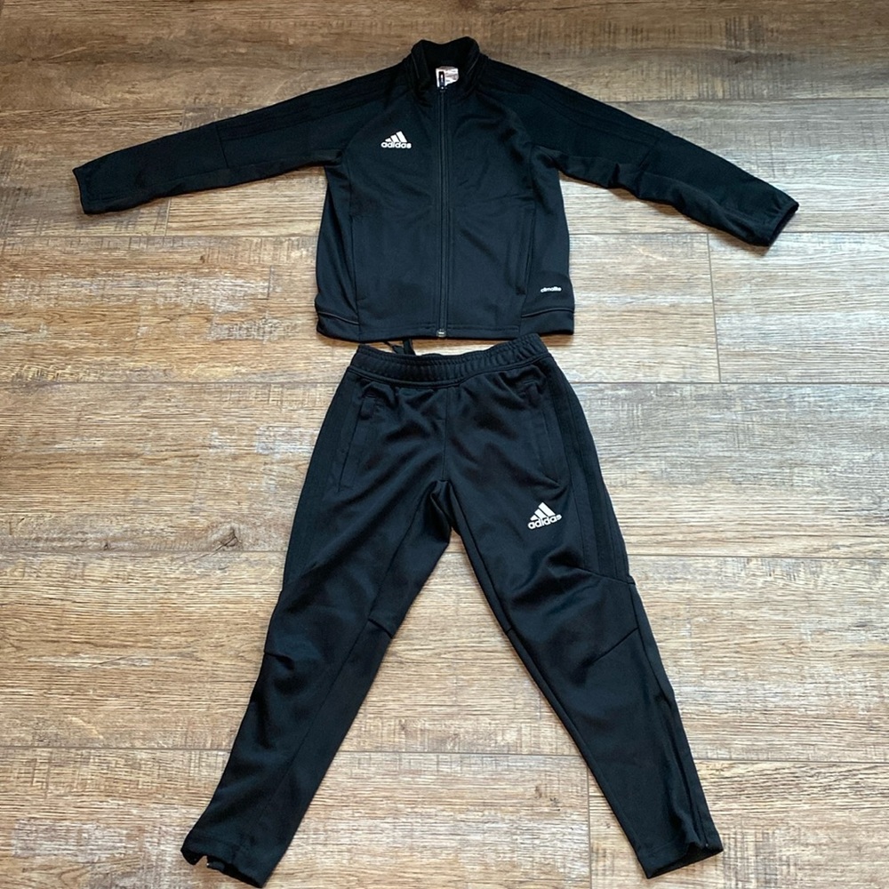 Boys Adidas track suit. ZIP up jacket with pants. Size 2XS, 5/6. Black.